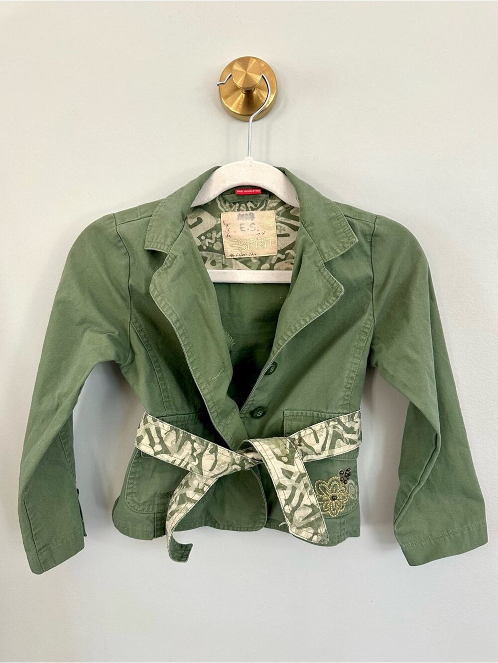 Vintage Y2K Esprit Girls Size 2 Olive Cotton Belted Utility Jacket Embroidered